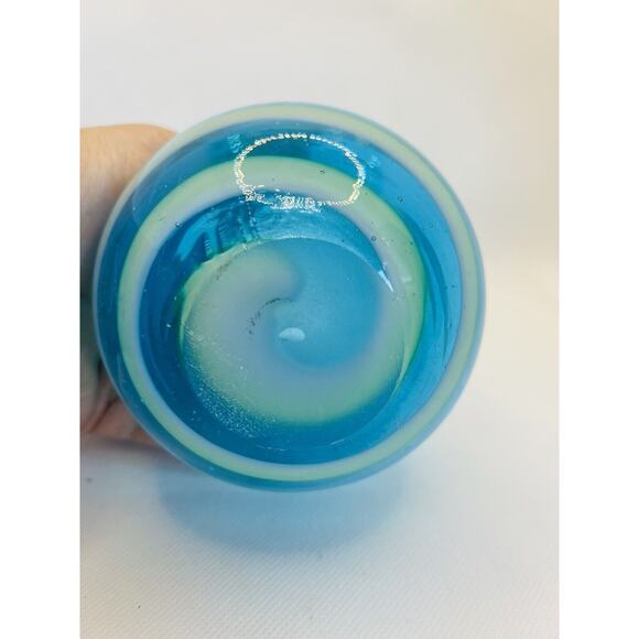 Hand Blown Art Glass Blue Swirls Decorative 5" Vase - Picture 6 of 9